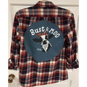 Just A Moo Ariat Cow Upcycled Flannel Shirt Unisex Size Medium Plaid Farm